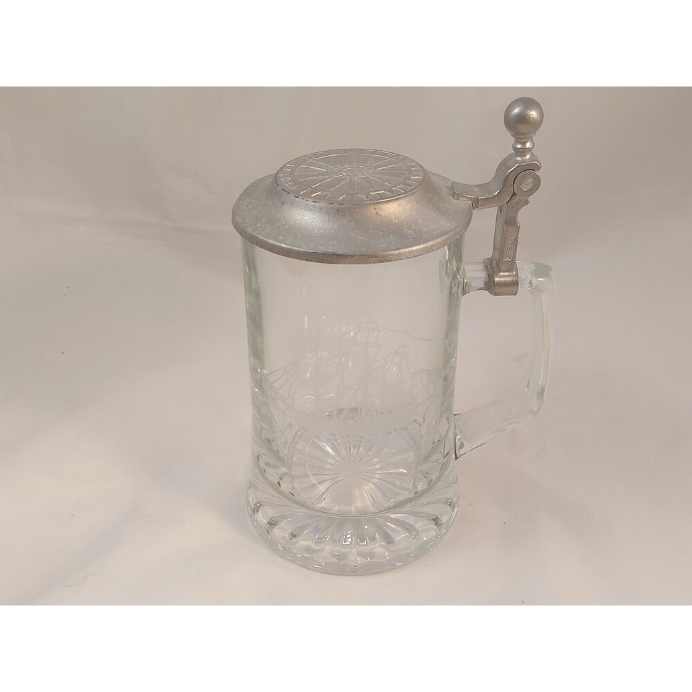 Vintage ALWE Salem Ship Grand Turk 1786 Glass W/ Pewter Lid W.Germany Beer Stein